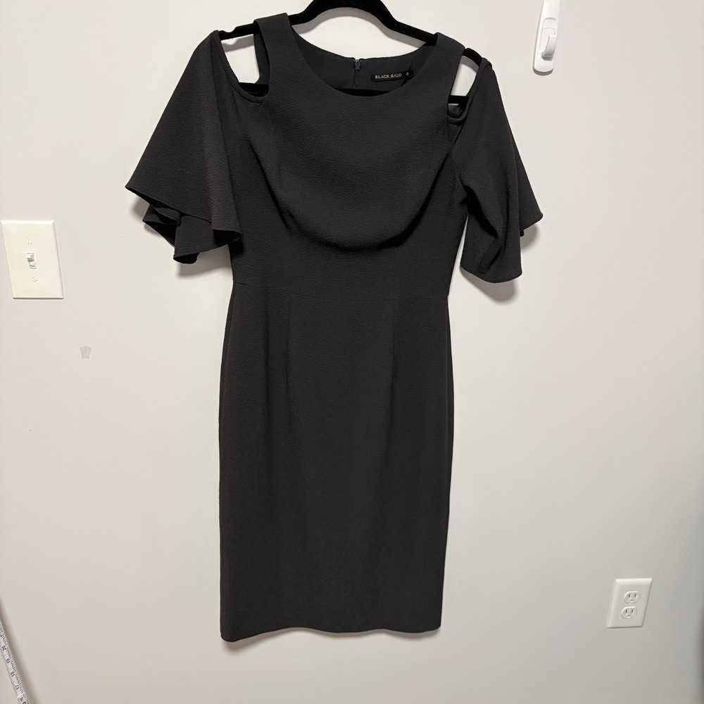 Black Halo Cold Shoulder Sheath Dress Womens Black size 8 Ruffle Sleeve Cocktail